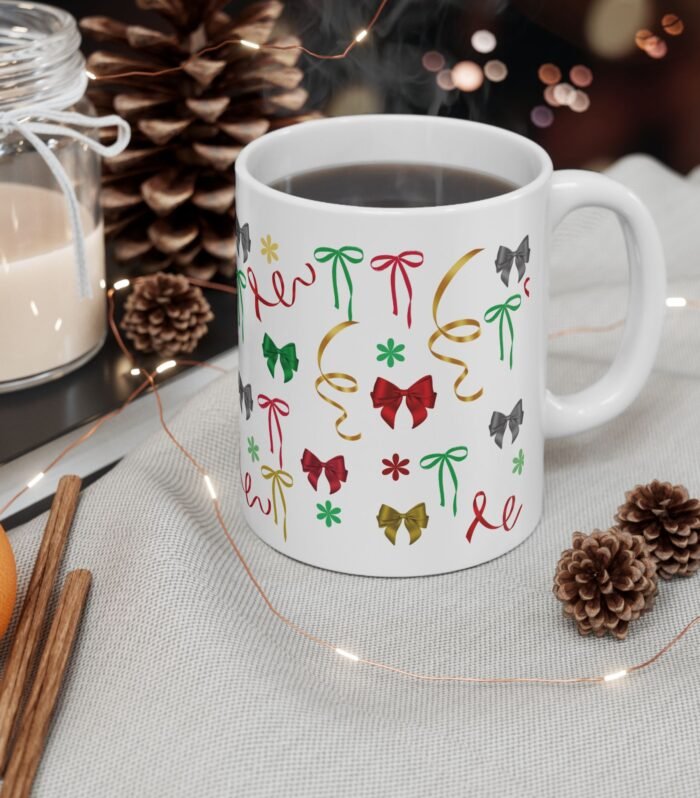 Festive Bow & Ribbon Ceramic Mug - Perfect for Holiday Gifting, Christmas Cheer, Warm Drinks, Gift for Friends, Office Decor